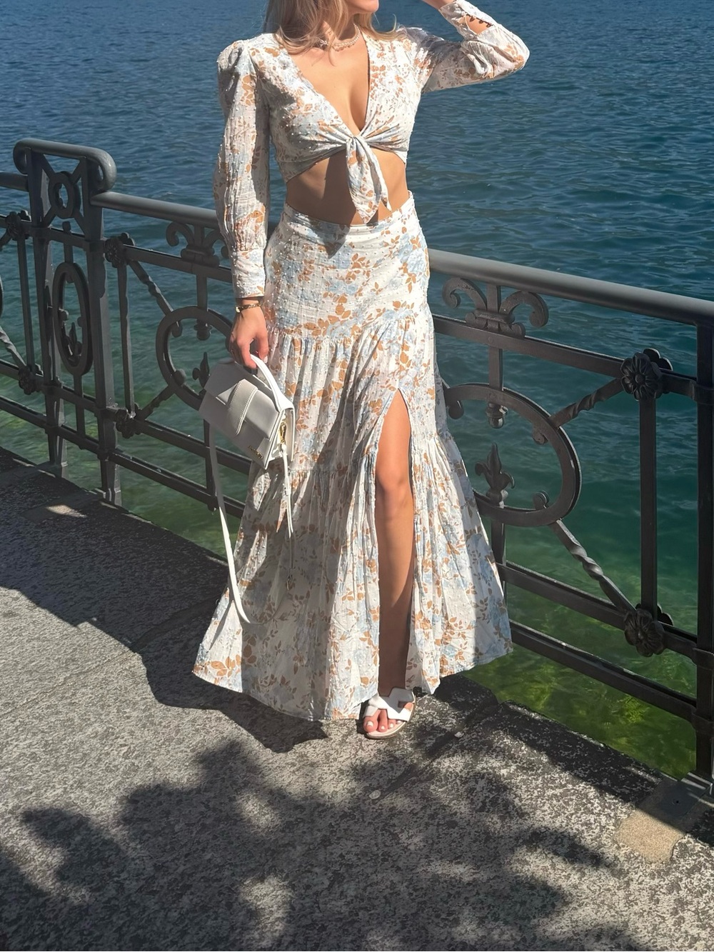 Wayf White and Tan Floral Tie-Front Maxi Swim Coverup